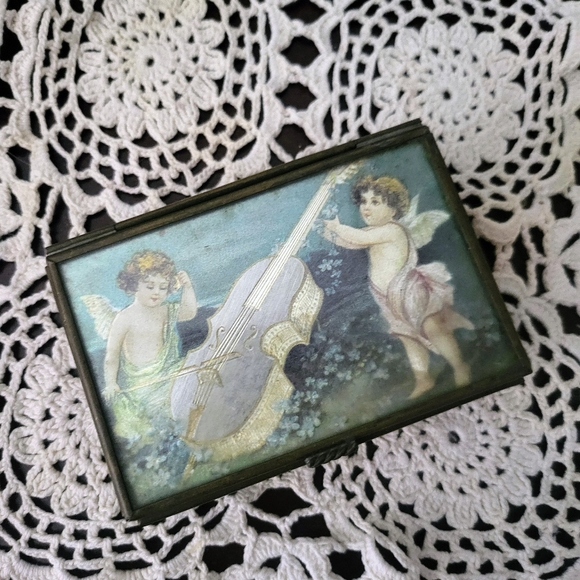 Vtg Via Vermont Cupid Angel Glass Brass Jewelry Trinket Box Mexico - Picture 2 of 7